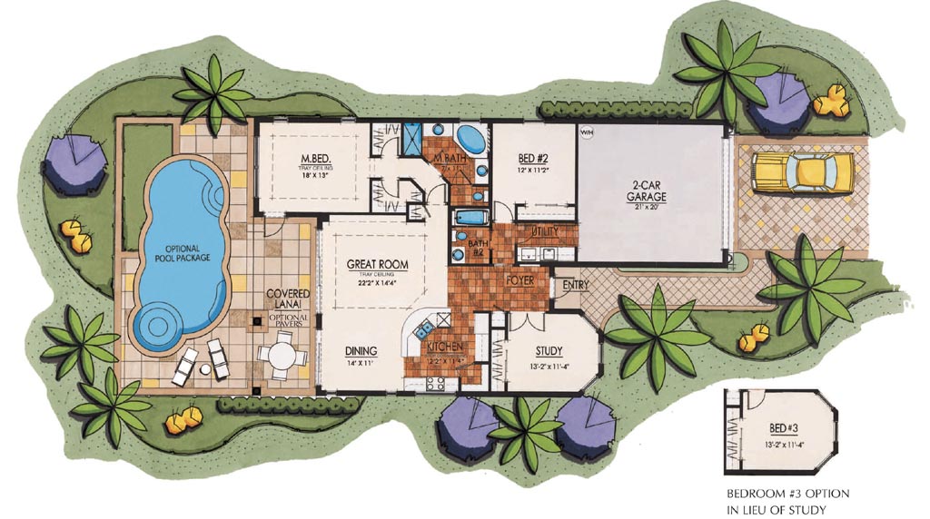 San Remo II Floor Plan in Paseo, 2 bedroom, 2 bath, great room, study, dining room, screened covered lanai, 2 car garage